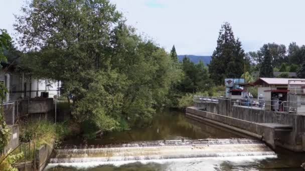 Создание выстрела плотины в рыбном инкубатории в Иссаке, штат Вашингтон — стоковое видео