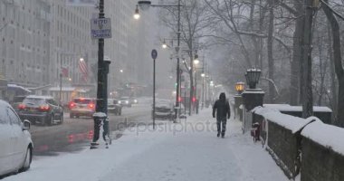 Manhattan'daki Central Park dışında kar fırtınası içinde insan yürüyor