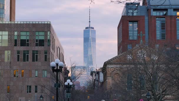 Το βράδυ χειμώνα Freedom Tower ίδρυση Shot — Αρχείο Βίντεο