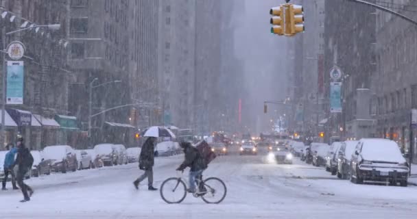 보행자와 눈보라에 맨해튼의 거리에서 교통 — 비디오