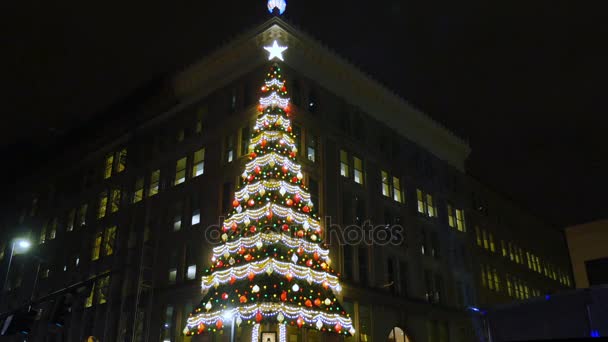 Großer weihnachtsbaum auf gebäude ecke in der mitte von Pittsburgh — Stockvideo