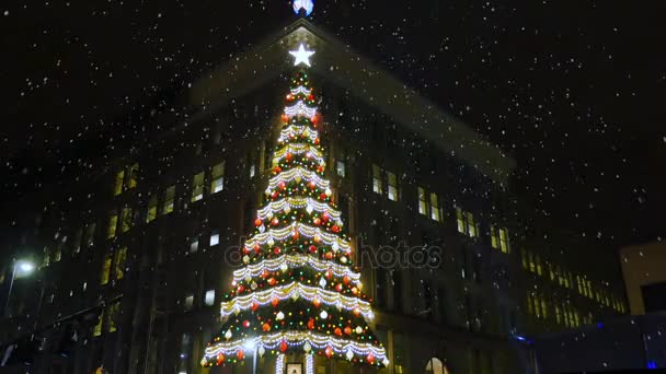 Stor julgran på byggnad hörnet i Downtown Pittsburgh — Stockvideo