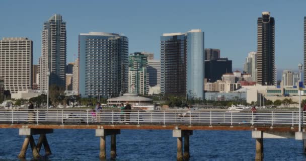 Besucher betrachten die Skyline von San Diego vom Fähranleger der Insel Coronado — Stockvideo