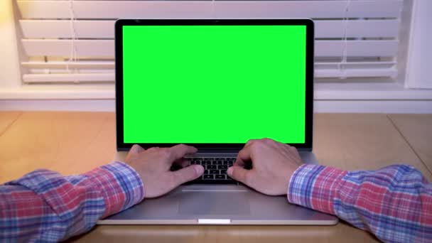 Tipi di uomo sul computer portatile schermo verde in Home Office — Video Stock