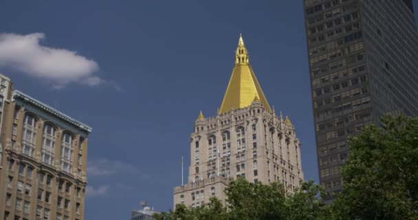 Day Establishing Shot Edificio de Vida de Nueva York Techo de Oro — Vídeo de stock
