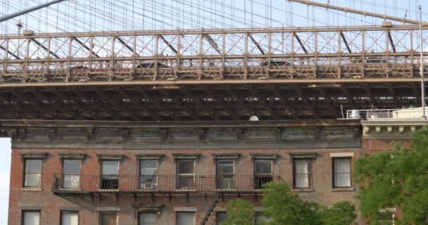 Dag att upprätta skott av hyreshus Under Brooklyn Bridge — Stockvideo