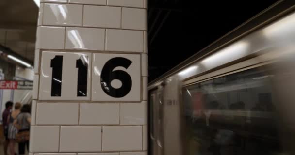 Tot oprichting van schot van metro aankomen op 116th Street Station — Stockvideo