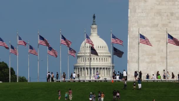 Lang houdende Shot van de koepel van het Capitol en Washington Monument — Stockvideo