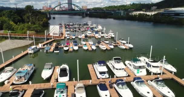 Bajo ángulo aéreo sobrevuelo Pittsburgh Boat Marina — Vídeos de Stock