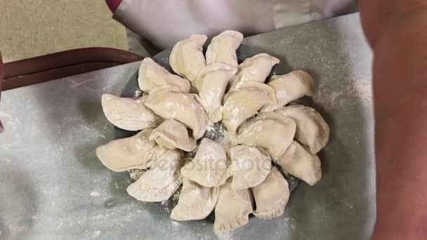 Mujer lugares crudos pierogies en el plato — Vídeo de stock