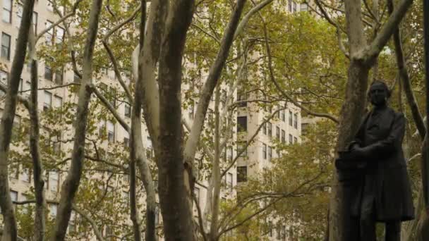 Typische Manhattan kantoorgebouwen als gezien door bomen — Stockvideo