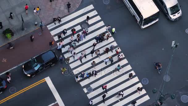 Zeitlupe Hochwinkelaufnahme von Verkehr und Fußgängern entlang der 5th Avenue in Manhattan — Stockvideo