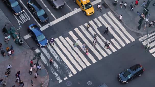 Pohled z vysokého úhlu provoz a chodci podél 5th Avenue na Manhattanu — Stock video