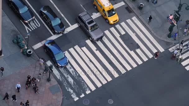 Hochwinkelaufnahme von Verkehr und Fußgängern entlang der 5th Avenue in manhattan — Stockvideo
