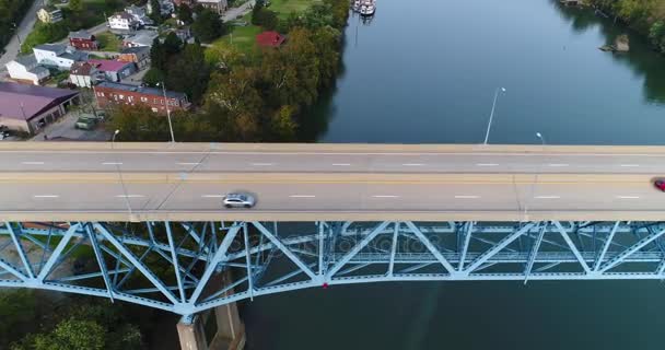 High Angle Profile Aerial View of Brownsville's Rt 40 Market Street Bridge — Stock Video