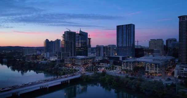 Slow Push Forward Aerial View of Austin City Skyline at Dusk — Stock Video