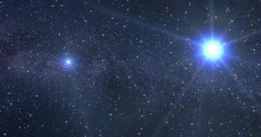 Açık uzayda seyahat bir yavaş animasyonlu arka plan. Fotoğraf makinesi, bir iki parlak güneş ve Uzaktan galaksinin Merkezi ile geçmiş yıldız akışı.  