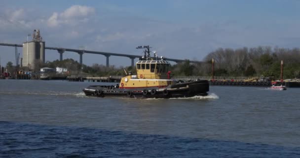 Tug Boat viaja por el río Savannah en un día soleado — Vídeo de stock