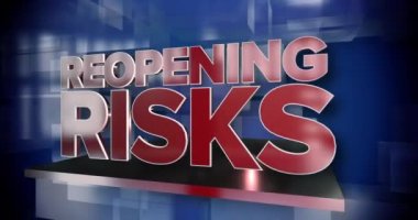 3D kırmızı ve mavi dinamik yeniden açılan RISKS başlık sayfası animasyonu. Bir salgın sırasında veya sonrasında işletmelerin ya da toplumun yeniden açılması riskleri sıklıkla vardır..  