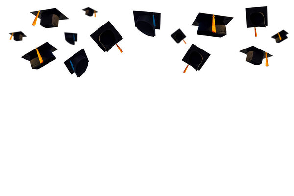 Black hats and Black tassels of university graduates on isolated white background and clipping path,Educational concept.