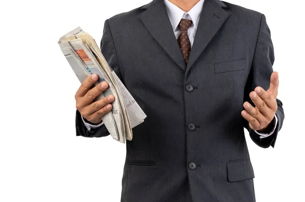 Businessman Holding Newspaper Isolated Background Clipping Path — Stock Photo, Image