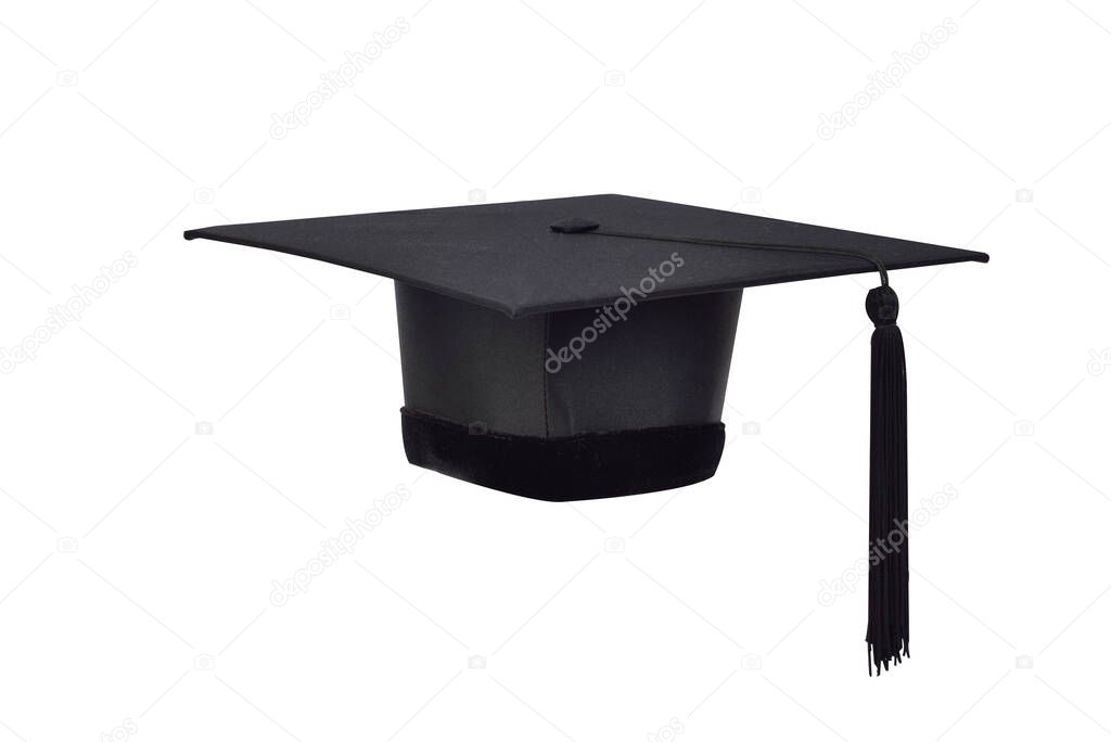 Black hats and Black tassels of university graduates on isolated white background and clipping path,Educational concept.