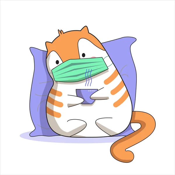 Bir fincan sıcak çayla maskeli hasta Kawaii kedisi.. 