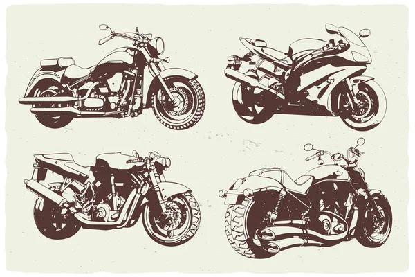 Isolated set of monochrome illustrations of 4 different motorcycles. — Stock Vector