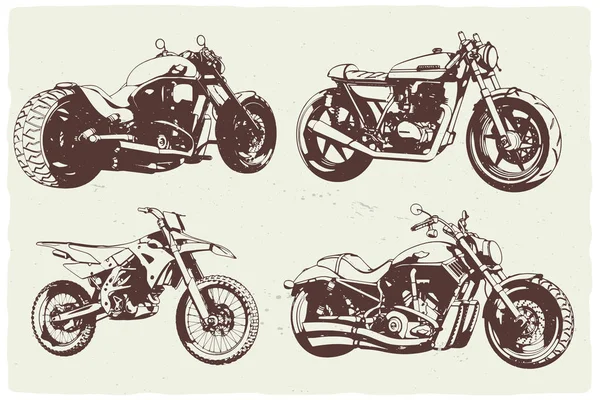 Conjunto isolado de ilustrações monocromáticas de 4 motocicletas diferentes . — Vetor de Stock