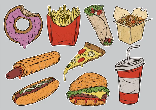 Izolovaná sada barevných ilustrací prvků rychlého občerstvení - burger, pizza, wok, kebab, hot dogy, pohár a hranolky.. — Stockový vektor