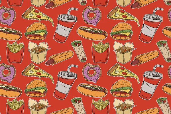 Seamless pattern of color illustrations of fast food elements - burger, pizza, wok, kebab, hot dogs, cup and fries..
