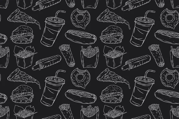 Nahtloses Muster monochromer Illustrationen von Fast-Food-Elementen - Burger, Pizza, Wok, Kebab, Hot Dogs, Tasse und Pommes.. — Stockvektor