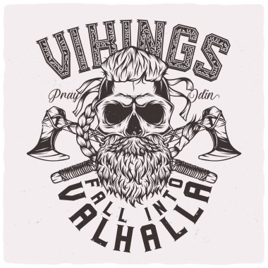 Sakallı bir Viking kafatasının resmedildiği tişört ya da poster tasarımı