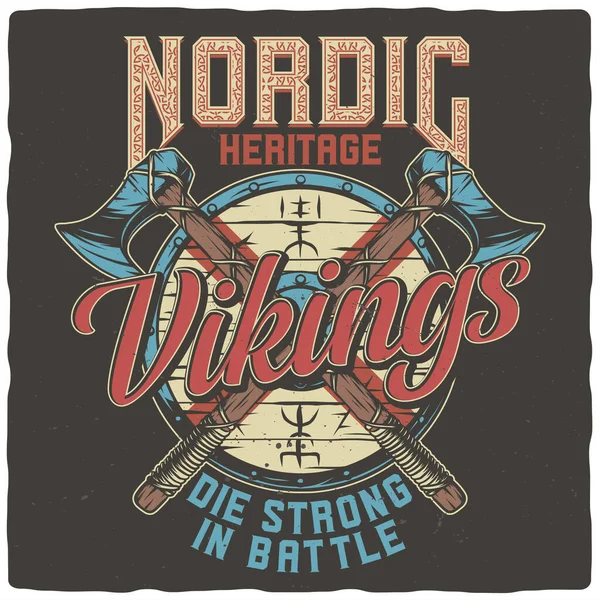 Shirt Atau Desain Poster Dengan Ilustrasi Perisai Dan Kapak Viking - Stok Vektor