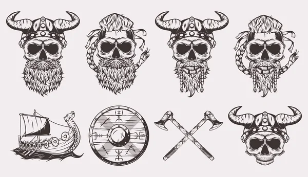 Elszigetelt Illusztrációk Egy Viking Koponyáról Hajóról Pajzsról Fejszéről — Stock Vector