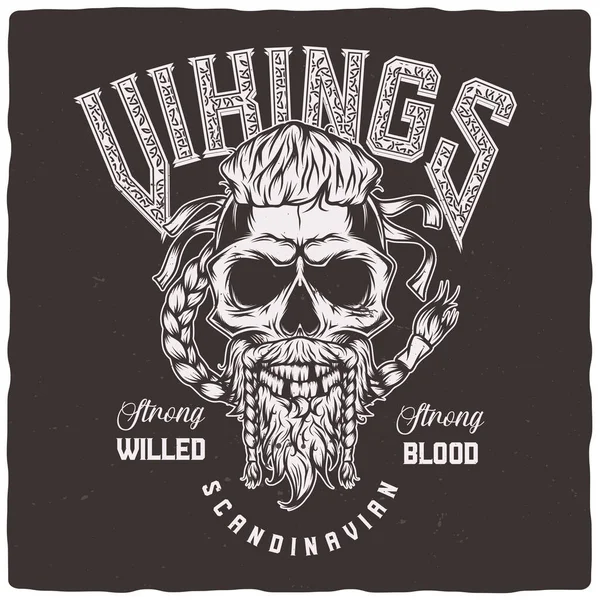 Camiseta Diseño Póster Con Ilustración Cráneo Vikingo Con Barba — Vector de stock