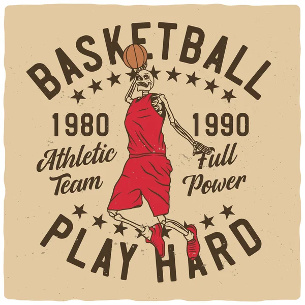 Shirt Design Cartaz Com Ilustração Esqueleto Basquete — Vetor de Stock