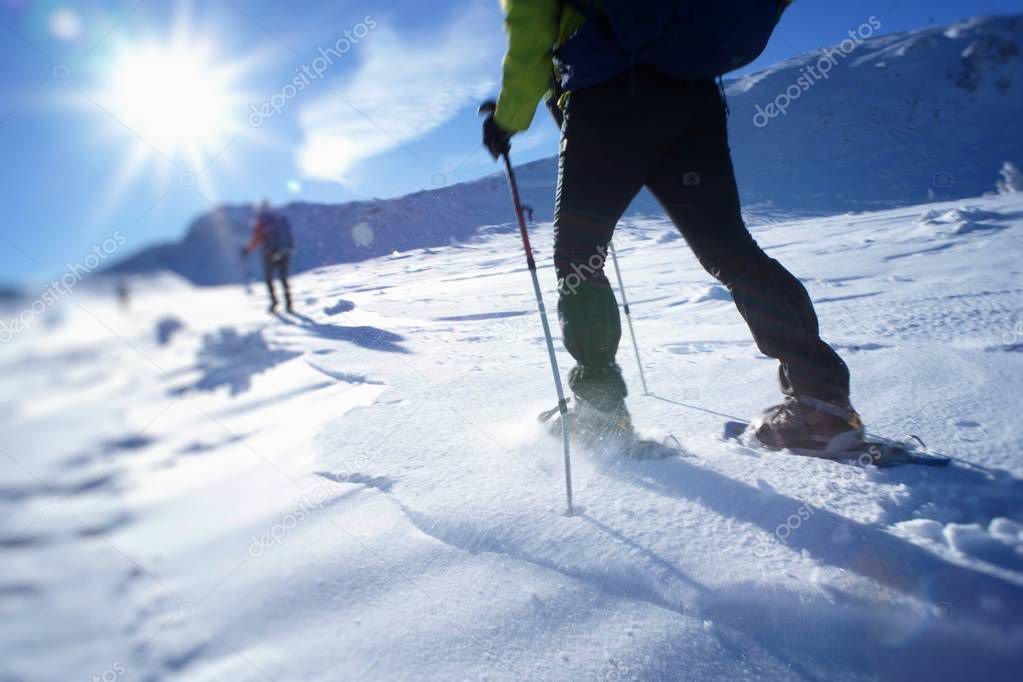 Snowshoes walkers in mountains sunny day