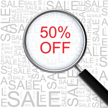 %50 off Satılık. Farklı Derneği koşullarla sorunsuz arka plan üzerinde büyüteç. İş kavramı.