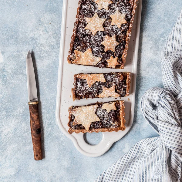 Sliced British Christmas Mincemeat Tart, Shortcrust Pastry with Fruit Mince, square