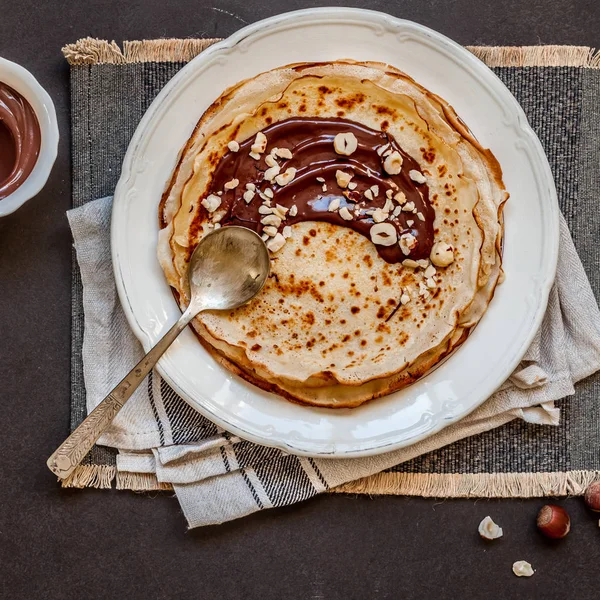 Thin Crepes Chocolate Spread Hazelnuts Copy Space Your Text — Stock Photo, Image