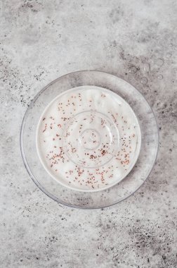 Islak Pamuk Yün 'ün üzerindeki Cress Salata Tohumları Sıcak ve nemli tutmak için Cam Kubbe ile kaplı metnin için boşluk kopyala