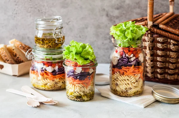 Pasta Vegetable Salad Jar Copy Space Your Text — Stok Foto