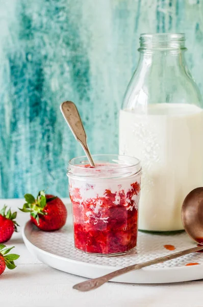 Fresh Crushed Strawberries Milk Jar Copy Space Your Text — Stock Photo, Image