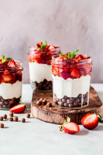 Greek Yoghurt Strawberries Honey Cereal Jars Copy Space Your Text — 스톡 사진