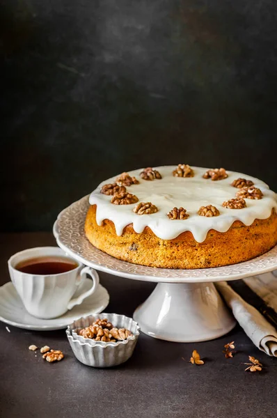 Pumpkin Cake Walnuts Cream Cheese Frosting Copy Space Your Text — 스톡 사진