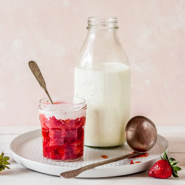 Fresh Crushed Strawberries Milk Jar Square — Stock Photo, Image