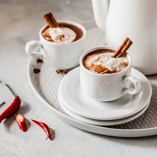 Hot Chocolate Chili Cinnamon Topped Whipped Cream Square — стокове фото