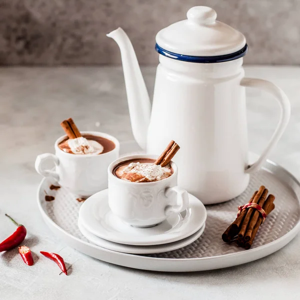 Hot Chocolate Chili Cinnamon Topped Whipped Cream Square — Stock Photo, Image