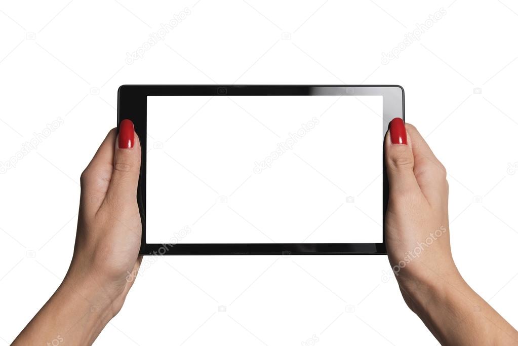 hands holding tablet isolated on white background
